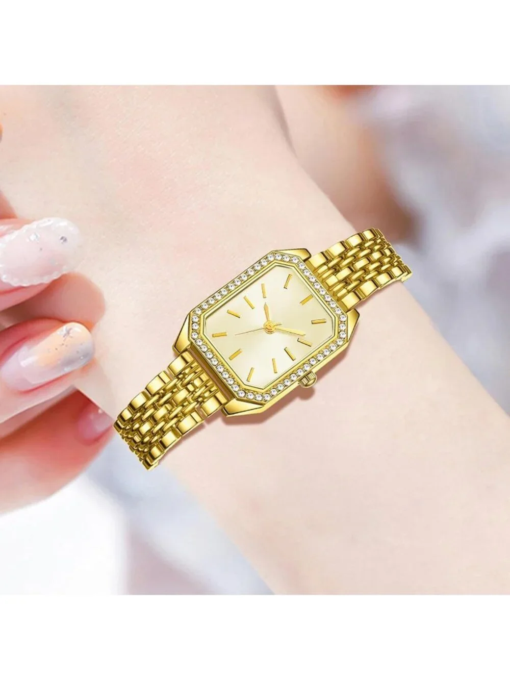 Women All Gold Jewelry Stainless Steel Diamond Bangle Bracelets Set Square Watch